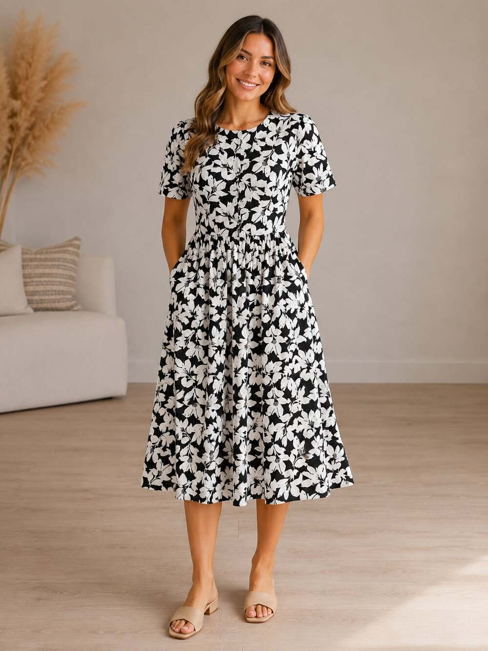 DownEast Black and White Floral Midi Dress